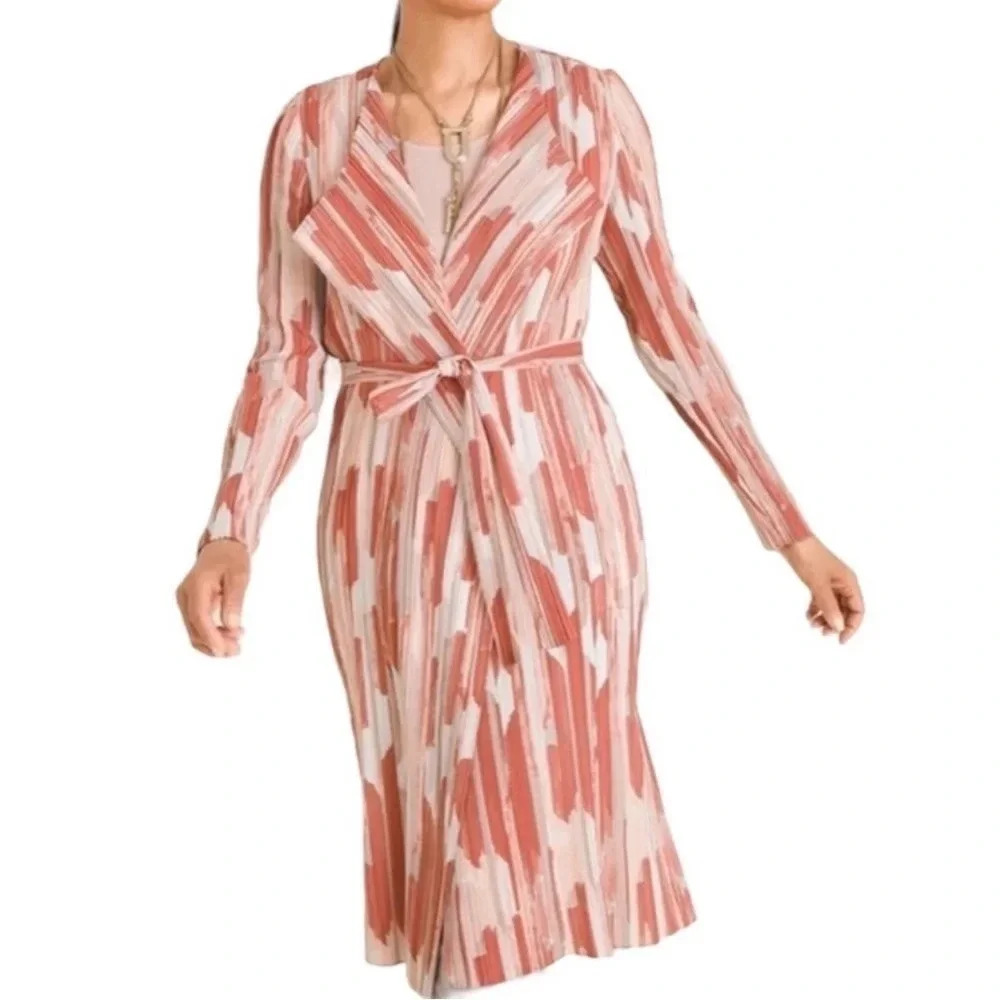 Chico’s Travelers Textured Crinkle Pleated Printed Trench Jacket Duster Sz 2 NWT